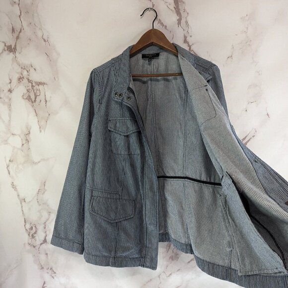 Talbots Jacket Womens 14W 1X Blue Striped Zip Nautical Casual Cotton Safari - Picture 9 of 13